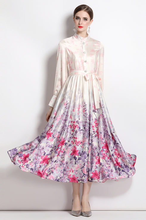 Glamorous Pink Vintage Silk Stand-Up Collar, Long Sleeve, Belted Renaissance Party, Wedding Guest, Festive Dress